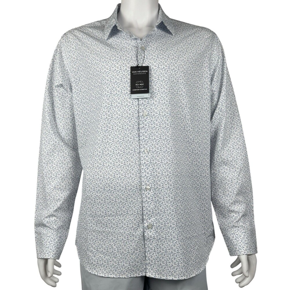 Van Heusen Mens XL Slim Fit Dress Shirt Button Up White Blue Wrinkle Free New